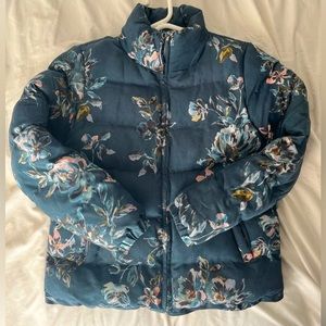 Anthro blue floral puffer jacket